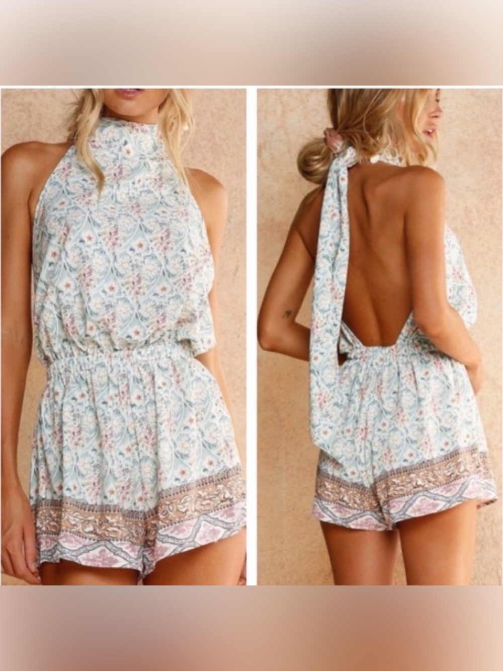 Faithfull the Brand Light Blue Floral Halter Backless Romper